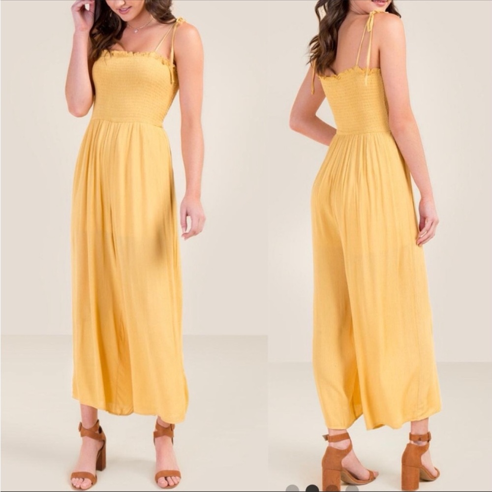 Blue Rain Smocked Yellow Jumpsuit.